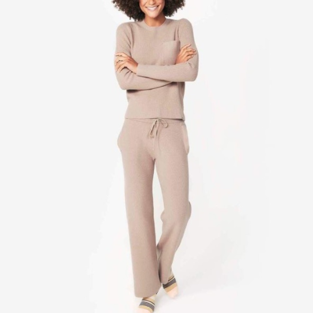 FIGS KNIT RIBBED LOUNGE PANTSUIT LATTE